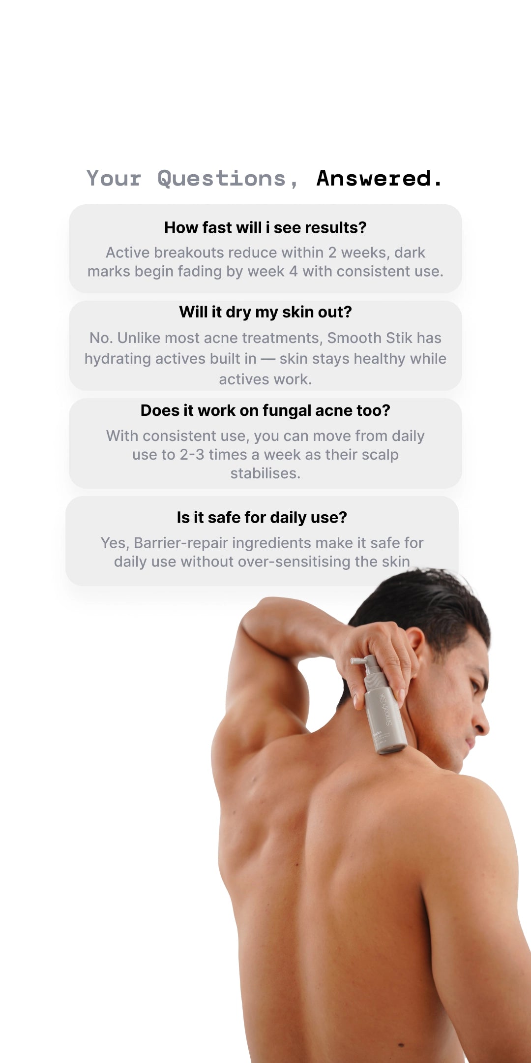 Person using a skincare product on their back with text about product benefits.