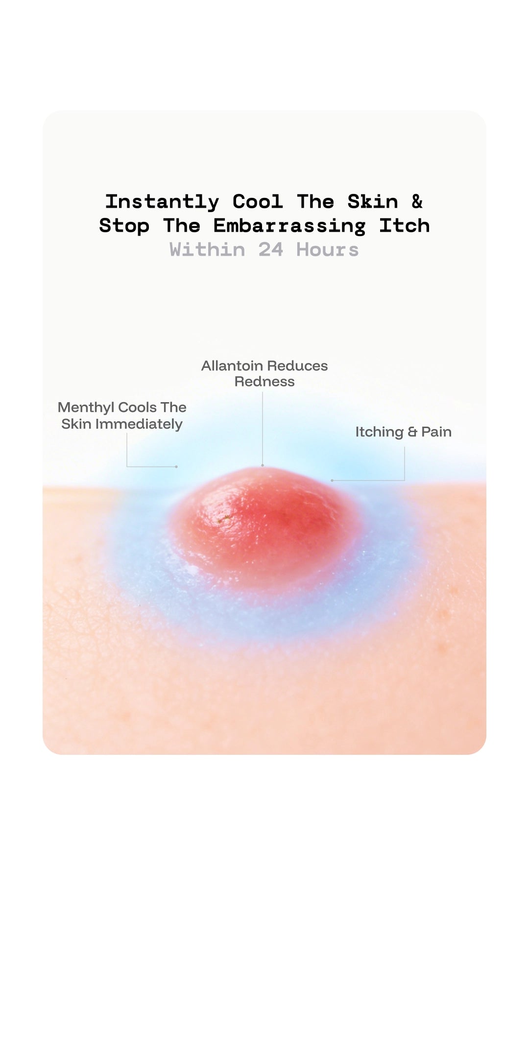 Product advertisement for a cooling lotion with a visual of redness on skin.