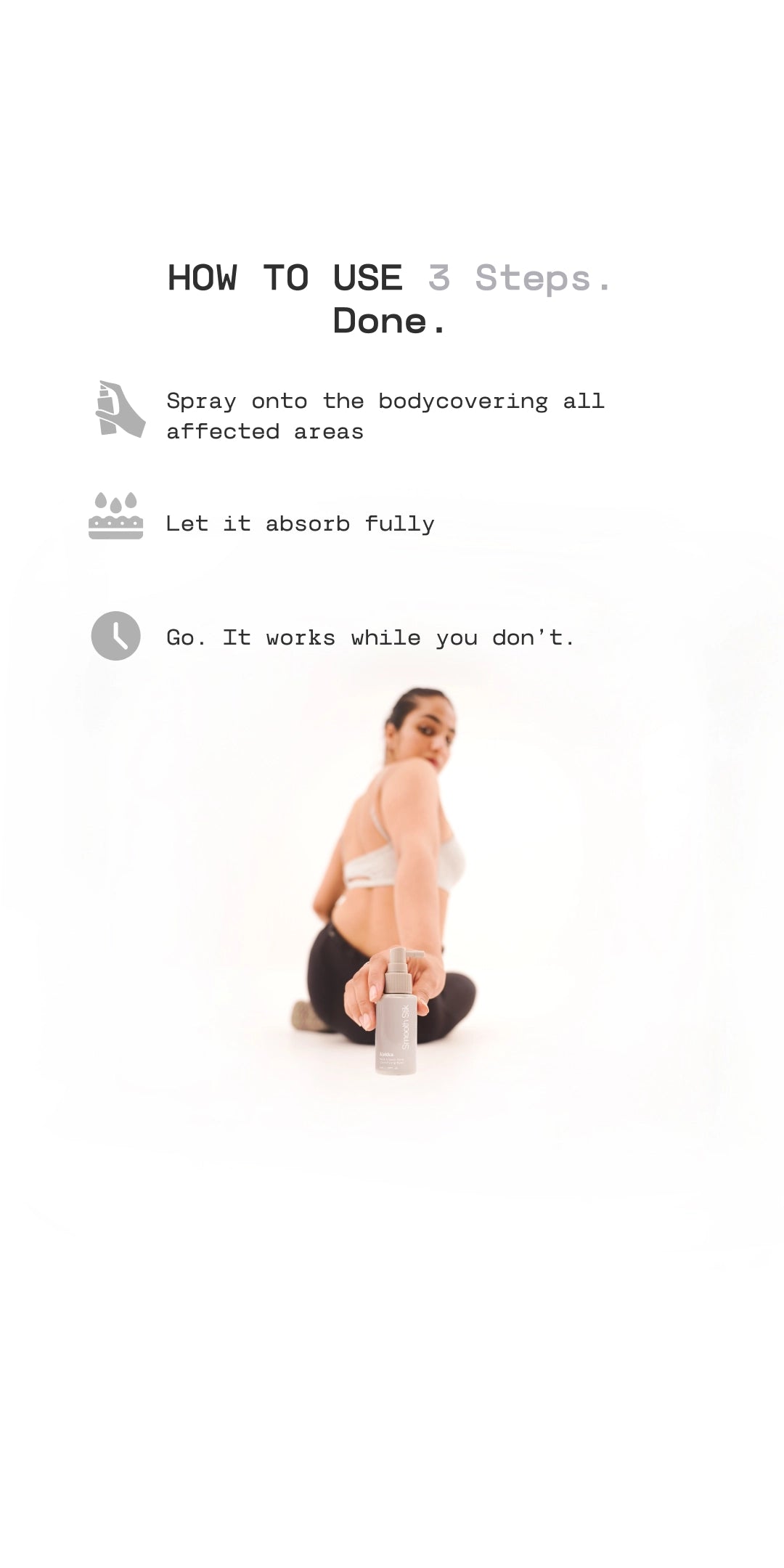 Person holding a bottle with text on how to use it, on a white background